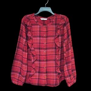 EUC Sonoma Deep Pink Plaid Ruffled Blouse Size L